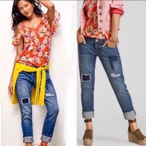 CAbi Distressed Blue Boyfriend Jeans with Patches